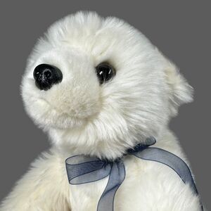 Aurora World Polar Bear Arctic Plush Toy Navy Blue Bow Furry Sitting 10 Inches